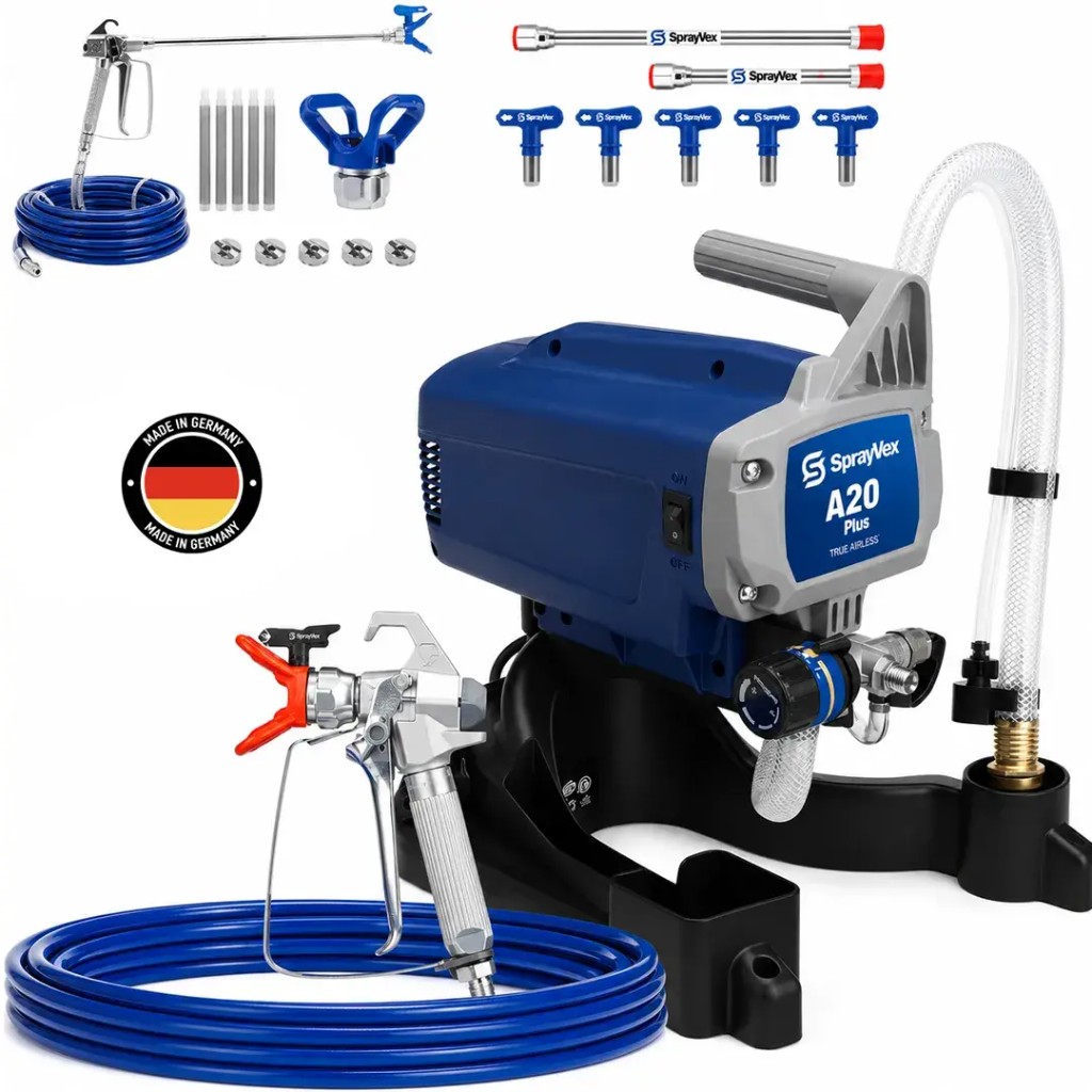 SprayVex cordless paint sprayer with its spray gun, battery and hose